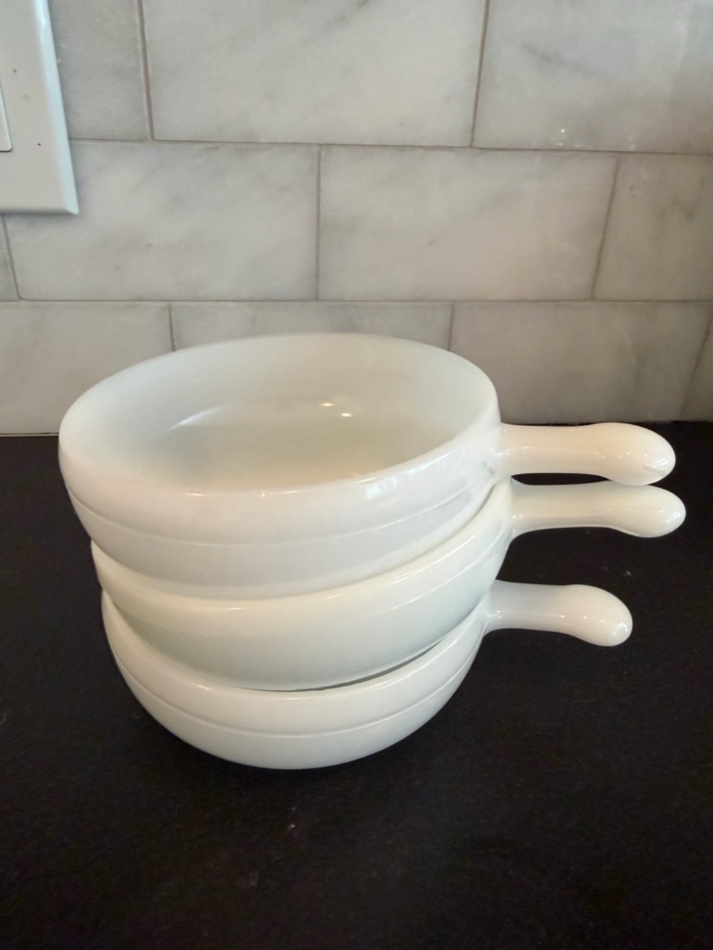 Set of 3 VINTAGE Glassbake Milk Glass Lug Handle soup bowls